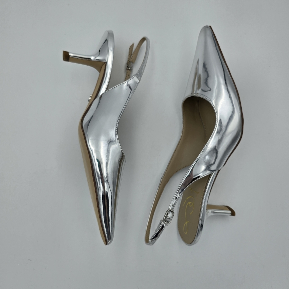 Sam Edelman Silver Pointed Toe Slingback Kitten Heels - Picture 14 of 16